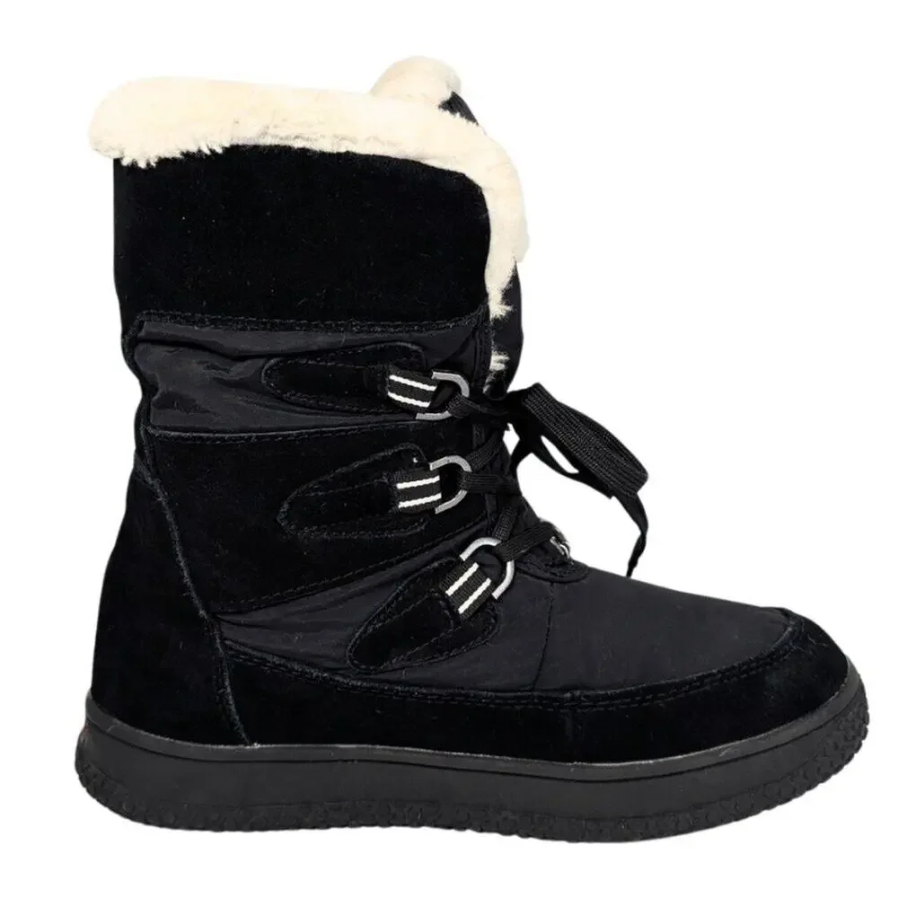 Khombu 8.5 Florence Black Leather Nylon Faux Fur Lined Winter Snow Boots